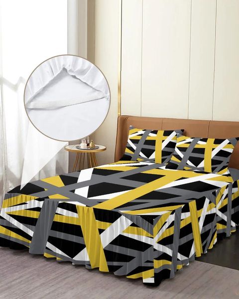Jupe de lit jaune gris, lignes géométriques abstraites, couvre-lit élastique avec taies d'oreiller, housse de matelas, ensemble de literie, drap
