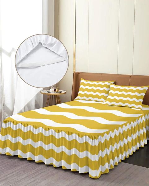 Jupe de lit Stripes ondulées jaunes vagues de lit élastique coupé avec des taies de couverture de matelas à taies