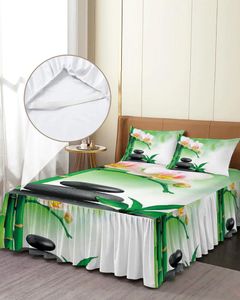 Jupe de lit Zen pierres orchidées fleur vert bambou, couvre-lit élastique avec taies d'oreiller, housse de matelas, ensemble de literie, drap