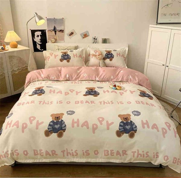 Juego de ropa de cama Home Textil Cyan Pink Bear Subveta Capa de almohada Camilla de cama de lino