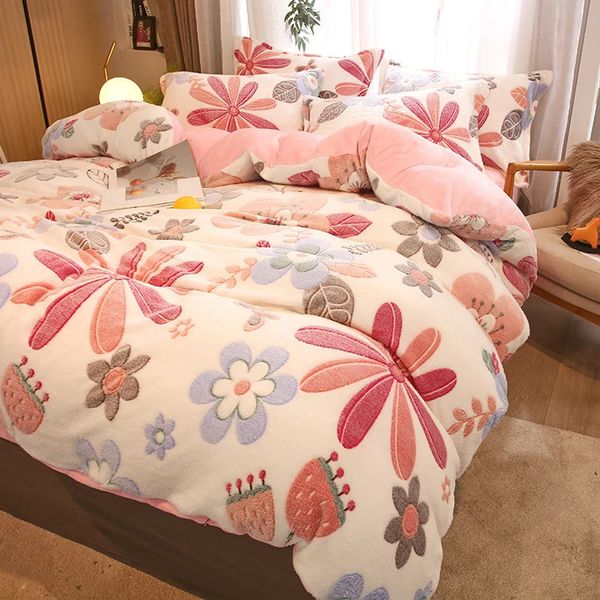 Juegos de ropa de cama 1 pieza, funda nórdica cálida de lana color Coral para invierno, estampado de flores, gruesa, housse de couette, manta de franela suave, dekbedovertrek 240x220 231026