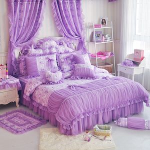 Ensembles de literie 100 Coton Violet Floral Print Lace Princess Set Queen King Size Housse de couette coréenne Bedspresd Bedskirt Lin Taie d'oreiller 230628