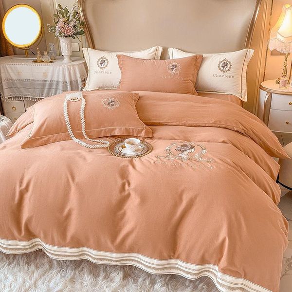 Conjuntos de ropa de cama 100% algodón engrosado conjunto cepillado chic bordado cubierta de edredón almohada pillowcases reina king size gota