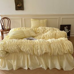 Ensembles de literie 100% coton teint en fil de coton lavé style coréen double pli princesse jupe de lit ensemble de literie housse de couette linge de lit taies d'oreiller 230308