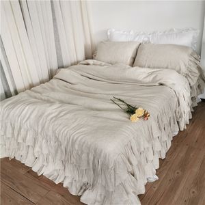 Ensembles de literie 100% pur lin 3 couches à volants housse de couette ferme 1 couette bande élastique drap-housse 2 taies d'oreiller 230907