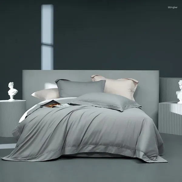 Conjuntos de ropa de cama 1000TC Algodón cepillado Sólido Simple Gris Conjunto nórdico Doble Super King Funda nórdica ultra suave Plana / Sábana ajustable Funda de almohada