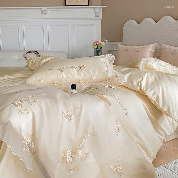 Ensembles de literie 1000TC coton égyptien élégant français mariage romantique ensemble broderie fleurs dentelle fil housse de couette drap de lit taie d'oreiller