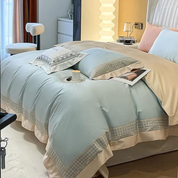 Conjuntos de ropa de cama 1000TC Algodón egipcio Conjunto de bordado de lujo Marco cómodo suave Patchwork Funda nórdica Sábana Funda de almohada King 4 piezas