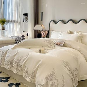 Ensembles de literie 1000TC coton égyptien rose bleu ensemble fleurs de luxe broderie housse de couette drap de lit taie d'oreiller pour toutes saisons roi 4 pièces