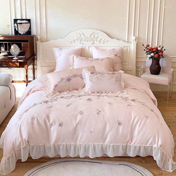 Juegos de cama 1000TC algodón egipcio rosa lujo princesa francesa conjunto Rosa flor bordado encaje funda nórdica sábana fundas de almohada