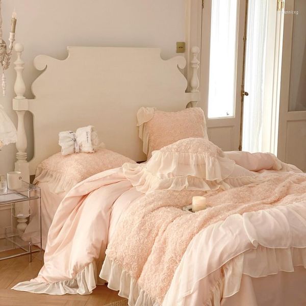 Juegos de cama 1000TC algodón egipcio Premium boda conjunto francés romántico princesa encaje rosa melocotón funda nórdica sábana 2 fundas de almohada