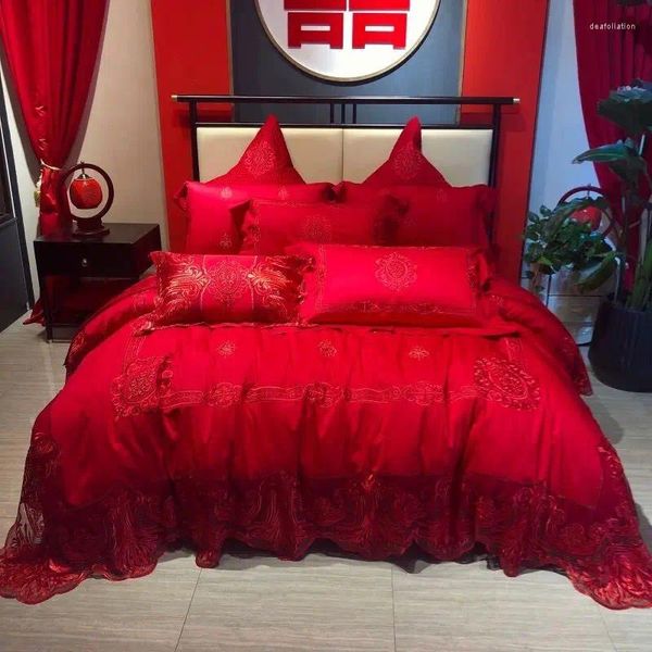 Ensembles de literie 1000TC coton égyptien rouge mariage 4/7 pièces ensemble luxe broderie dentelle bord housse de couette drap de lit taies d'oreiller