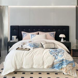 Ensembles de literie 100S coton égyptien montagne eau broderie luxe 4 pièces housse de couette avec drap plat taie d'oreiller blanc laiteux