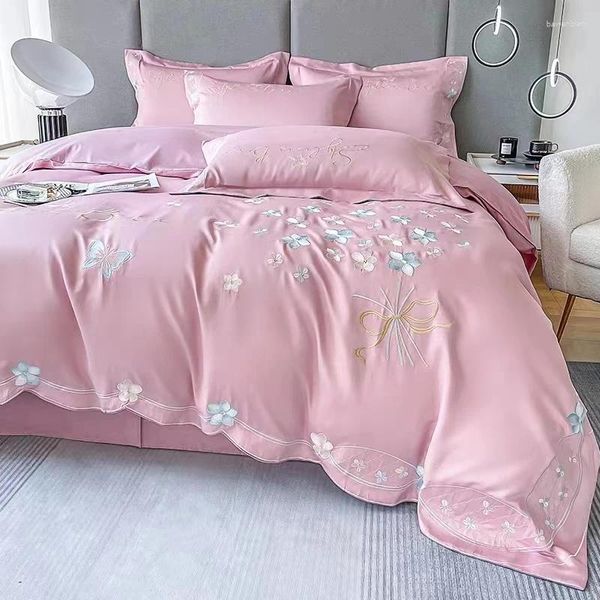 Ensembles de literie 120T couleur rose pur coton luxe 4 pièces housse de couette ensemble papillon broderie couette nue dormir drap plat taie d'oreiller