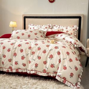 Beddengoedsets 150/180/200cm roze roze rose print laken dekbedoverdeksel kussensloop Chinese stijl bruiloft vierdelige lente herfst set m042-2