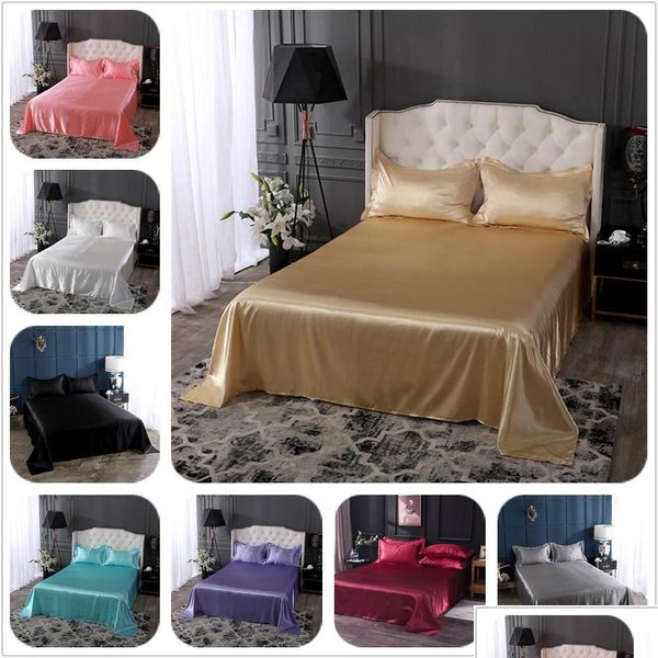 Conjuntos de ropa de cama 18 colores de lujo Satén Seda Juego de sábanas planas Queen Size King Colcha Er Sábanas de lino Doble Fl Y 201113 Drop Dho4A