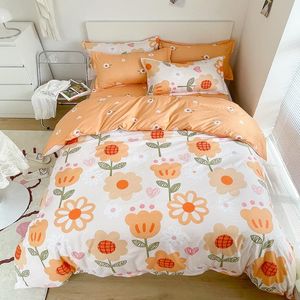 Beddengoed Sets 2021 Home Orange Flowers Dekbedovertrek + Vlak Sheet + Kussensloop Enkele / Tweepersoonsbed-Kerstcadeau