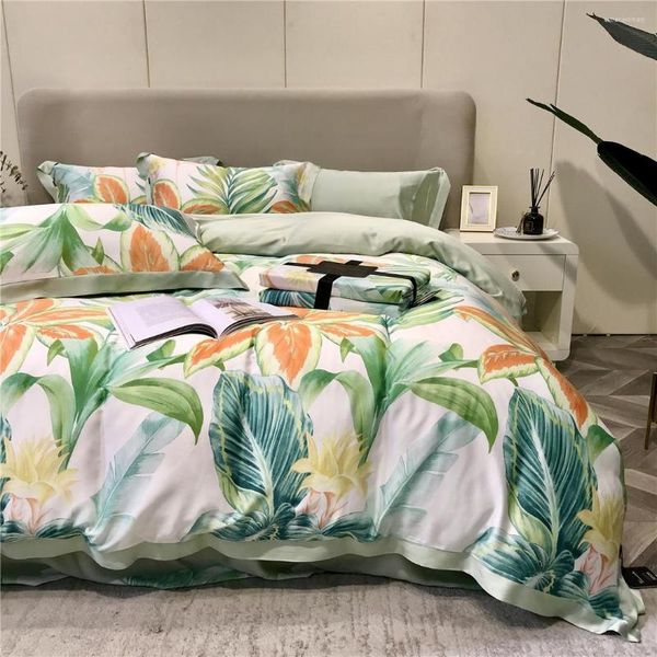 Juegos de ropa de cama 2023 Est de cuatro piezas de algodón Simple doble hogar sábana edredón bordado cómodo Color verde Floral