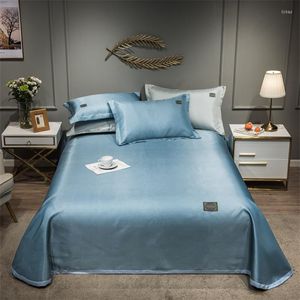 Juegos de ropa de cama 2023 Est Products Color puro Bordado Ice Silk Mat Funda de cama Sábana bajera Fundas de almohada 3 piezas de lujo azul claro
