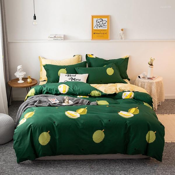 Ensembles de literie 2023 Quatre pièces Simple Coton Double Ménage Drap de lit Housse de couette Épaississement Ponçage Dortoir Vert Durian