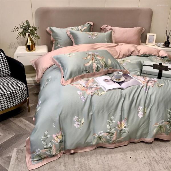 Ensembles de literie 2023 quatre pièces Simple coton Double ménage drap de lit housse de couette brodé confortable Floral bleu rose couleur