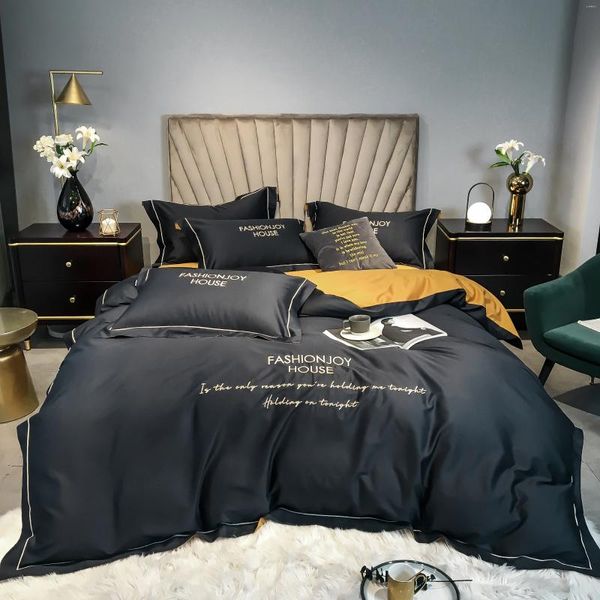 Sets de ropa de cama 2024 60 El conjunto de cuatro piezas de algodón puro de bordado de bordado de terciopelo largo se puede personalizar gris oscuro