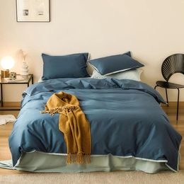 Beddengoed sets 2024 Lange Stapel katoen vierkoppig bed linnen est gewone kleur reactief printen eenvoudige Noordse stijl marineblauw