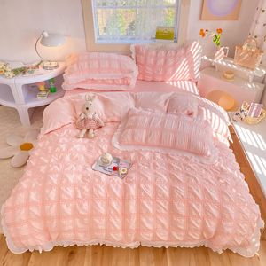 Juegos de ropa de cama 3/4 PCS Cubierta nórdica con encaje Pink Color Bed Set Bill Bed Falda Set para niñas Queen King Tamaño Jogo de Cama Casal 230308