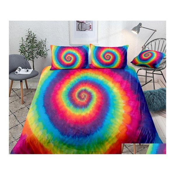 Ensembles de literie 3 pièces Hippie Rainbow Tie Dye Colorf Microfibre Couette Er Set Queen Bed 3pcs Teints Textiles de maison Dropship Drop Delivery Dhaq8