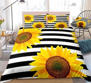 Ensembles de literie 3 pièces tournesols jaunes noir blanc rayure housse de couette ensemble fleur couette lit queen tournesol roi livraison directe 230210