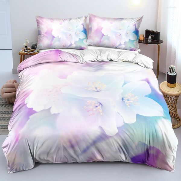 Juegos de cama 3D hermosa flor blanca conjunto diseño personalizado funda nórdica completo doble tamaño King 203x230cm ropa de cama suave textil para el hogar