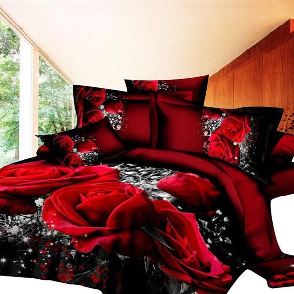 Ensembles de literie 3D Big Red Rose Floral Ensembles De Mariage Doux Housse De Couette Feuille Taies D'oreiller Lit Ensemble 4 Pcs Reine Linge 230615