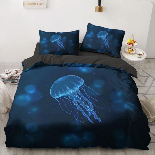 Ensembles de literie 3D Digital Blue Jellyfish Draps Lit 2 Chambres Noir Couette/Housses de Couette Full Twin King Size 140x210cm Set Home Textile