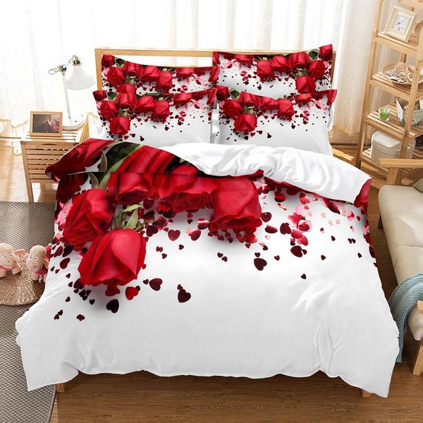 Juegos de cama 3d Flower Valentine's Day Wedding Set Lujoso Rose Heart Love Funda nórdica Queen Twin Size Funda de almohada 2 3 piezas Custom 230727