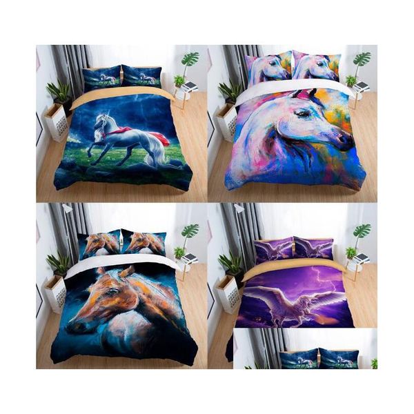 Ensembles de literie Ensemble de literie de cheval 3D volant avec taie d'oreiller Twin Fl Queen King Size 2Pcs / 3Pcs Drop Delivery Home Garden Textiles Supplie Dh52P