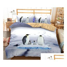 Ensembles de literie Ensemble de literie de pingouin 3D Ensemble de couette d'impression de dessin animé mignon avec taie d'oreiller Twin FL Queen King Size Drop Livraison Home Garden Dhqln