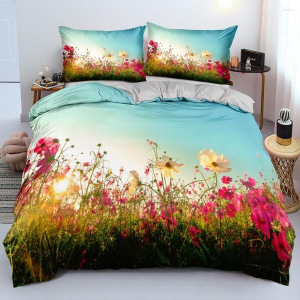 Juegos de cama 3D Rosa Ropa de cama Diseño de plantas Fundas de edredón Juego de fundas de almohada Flor personalizada 180x210cm Tamaño doble Gris Hogar Textil
