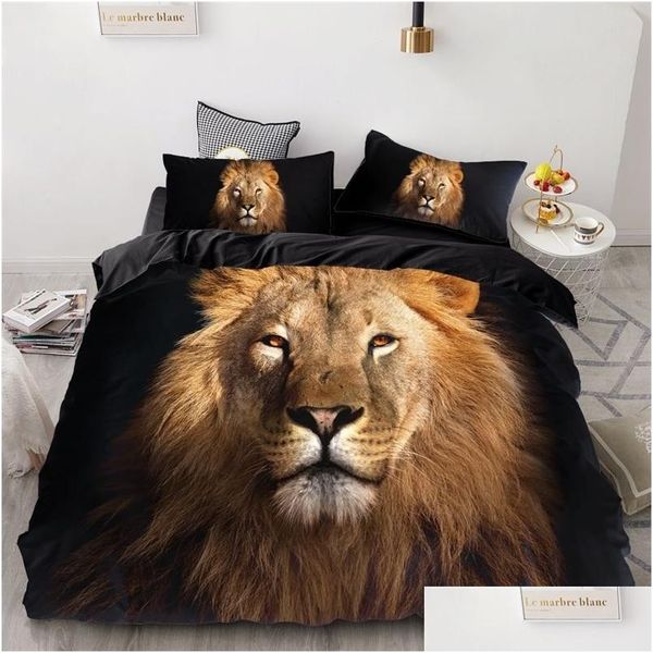 Ensembles de literie Ensemble d'impression 3D Couette personnalisée Er King / Europe / États-Unis Couette / Couette / Couverture Animal Black Lion Literie 201211 Drop Delivery Dhpdo