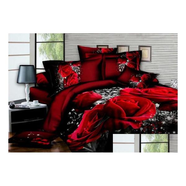 Conjuntos de ropa de cama 3D Rose Juego de cama Romántico Edredón Er Sábana Funda de almohada Ropa de cama 3 PCS Queen King Drop Entrega Hogar Jardín Textil Dhayv