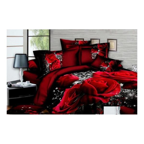 Juegos de cama 3D Rose Set Romántico Edredón Er Sábana Funda de almohada Ropa de cama 3 piezas Queen King Drop Delivery Home Garden Textiles Suppli Dhxpk