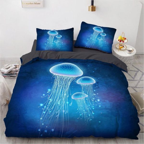 Conjuntos de ropa de cama 3D Shinning Blue Medusa Juego de cubierta de cama Fundas nórdicas negras Full Twin King Tamaño 140x210 cm Textiles para el hogar para niños