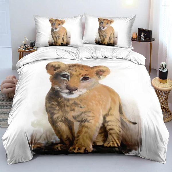 Ensembles de literie 3D Blanc Set Design personnalisé Couverture de couette animale Lion Couette Taies d'oreiller 203 / 230cm Full Twin Double Taille