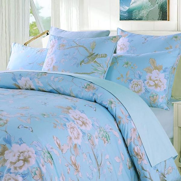 Ensembles de literie 3PCS 600 TC Ensemble de couverture de couette de coton égyptien (sans noyau) Luxury Vintage Bird Aquarement floral peinture en bleu clair