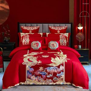 Ensembles de literie 4/6/9 pièces luxe Loong Phoenix broderie rouge housse de couette drap de lit coton égyptien Style chinois ensemble de mariage