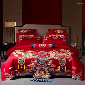 Ensembles de literie 4/6/9 pièces rouge luxe Style chinois ensemble de mariage Loong Phoenix broderie coton égyptien housse de couette drap de lit taie d'oreiller