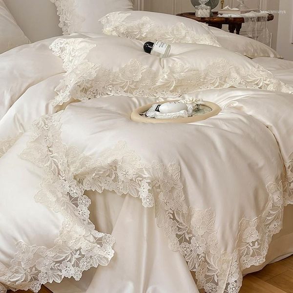 Juegos de cama 4/7 Uds. Juego de encaje blanco elegante de boda romántica francesa 1000TC algodón egipcio funda de edredón ultrasuave sábanas fundas de almohada