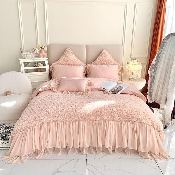 Ensembles de literie 4/7 pièces ensemble 1400Tc linge de lit en coton égyptien à volants housse de couette drap plat taie d'oreiller 3D Rose lit pour les filles