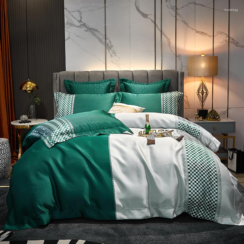 Set di biancheria da letto 4 pezzi Biancheria da letto patchwork verde e bianco Set mosaico jacquard di lusso Copripiumino in rasatello di cotone egiziano