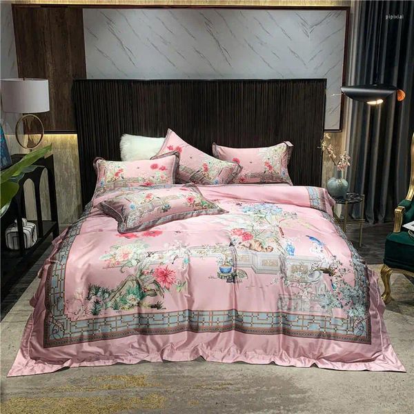 Ensembles de literie 4 pièces Ensemble de draps 100S Haut de gamme Coton égyptien Satin Linge de lit Double Housse de couette Rose Paysage chinois Housses de couette