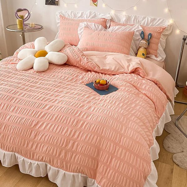 Conjuntos de ropa de cama 4 piezas Estilo princesa Juego de seersucker blanco Colcha de encaje Edredón Funda nórdica Algodón lavable Sin edredón 230927